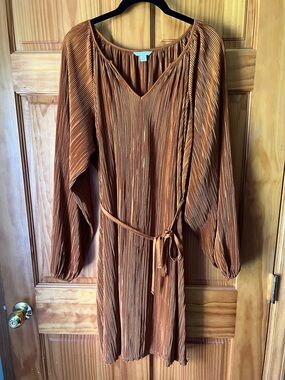 Cato Rust Brown Pleated Mini Dress with Self-Tie